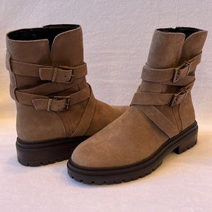 Vince Camuto Belisha 2 Taupe Suede Leather Moto Buckle Strap Boots 9 NEW